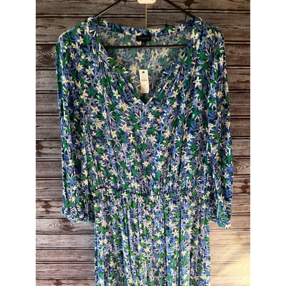 Talbots Women's Long-Sleeved Midi Dress Size 12 Floral V-Neck Stretch Waist NWT